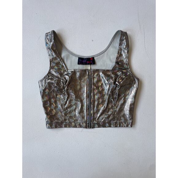 Vtg 80's Tripp NYC Holographic Zip Up Cropped Tank L RARE Rave Club Techno Top - Picture 5 of 8